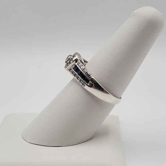 Platinum over Sterling Silver Diamond and Blue Sapphire Heart Ring Size 8 - Picture 3 of 11